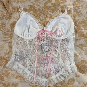 Edikted White Lace Top with Pink Ribbon
